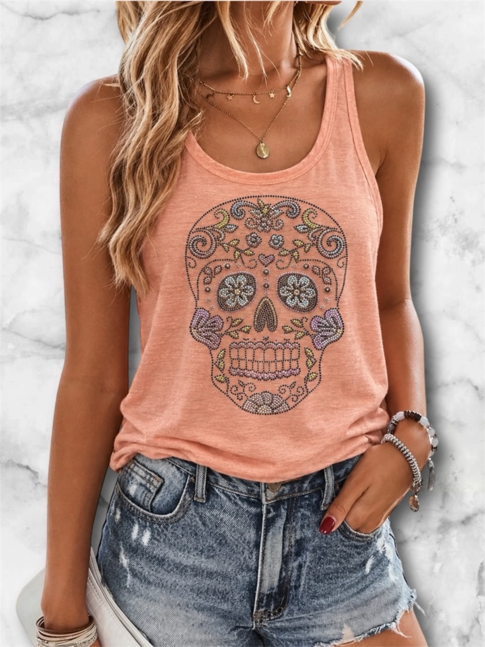 Peach Jeweled Sugar Skull Rhinestone Tank Top Sleeveless Bling Size S